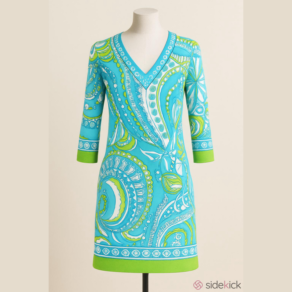 Barbara Gerwit 3/4 Sleeve V-Neck Knit Resort Dress - Blue & Green Coastal Shell